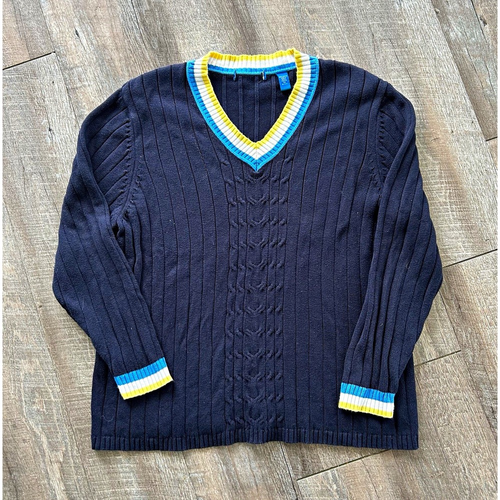Navy Blue Cricket Sweater Fits XL Tagged 3X 100% Cotton V-Neck Cable Knit UK